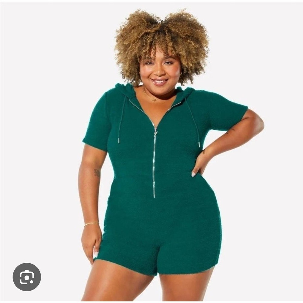 YITTY Pet Me Romper Plus Size 5X Teal Heart Pocket Terry Short One Piece Hooded